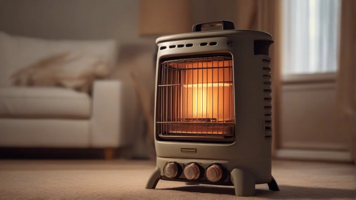 A kerosene heater positioned safely in a cozy living room.