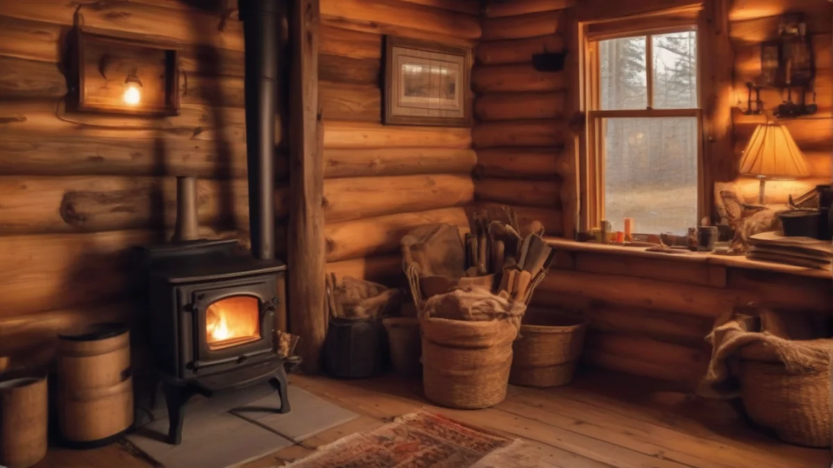 A well-placed wood stove in a warm cabin environment.