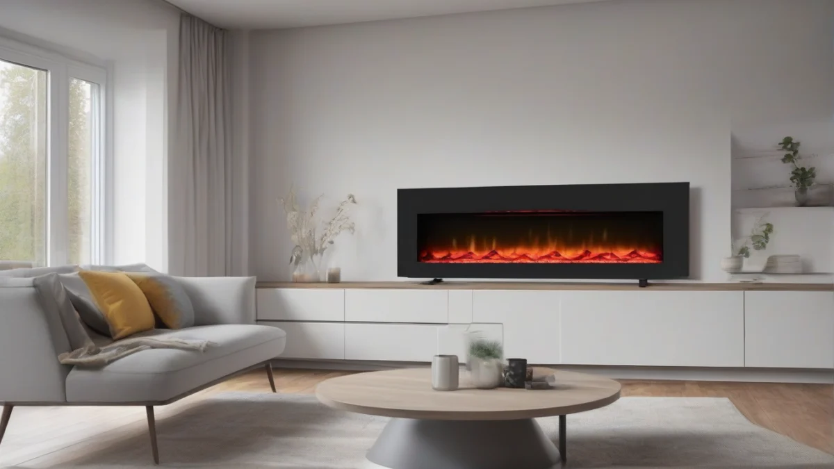 A sleek electric fireplace with realistic flame effects in a cozy living space
