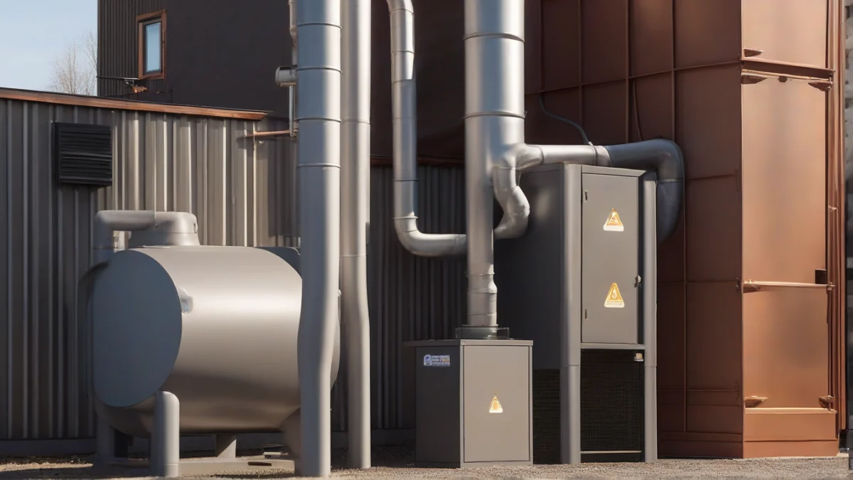 A close-up view of a biomass boiler's fuel hopper, showing its structure and connection.