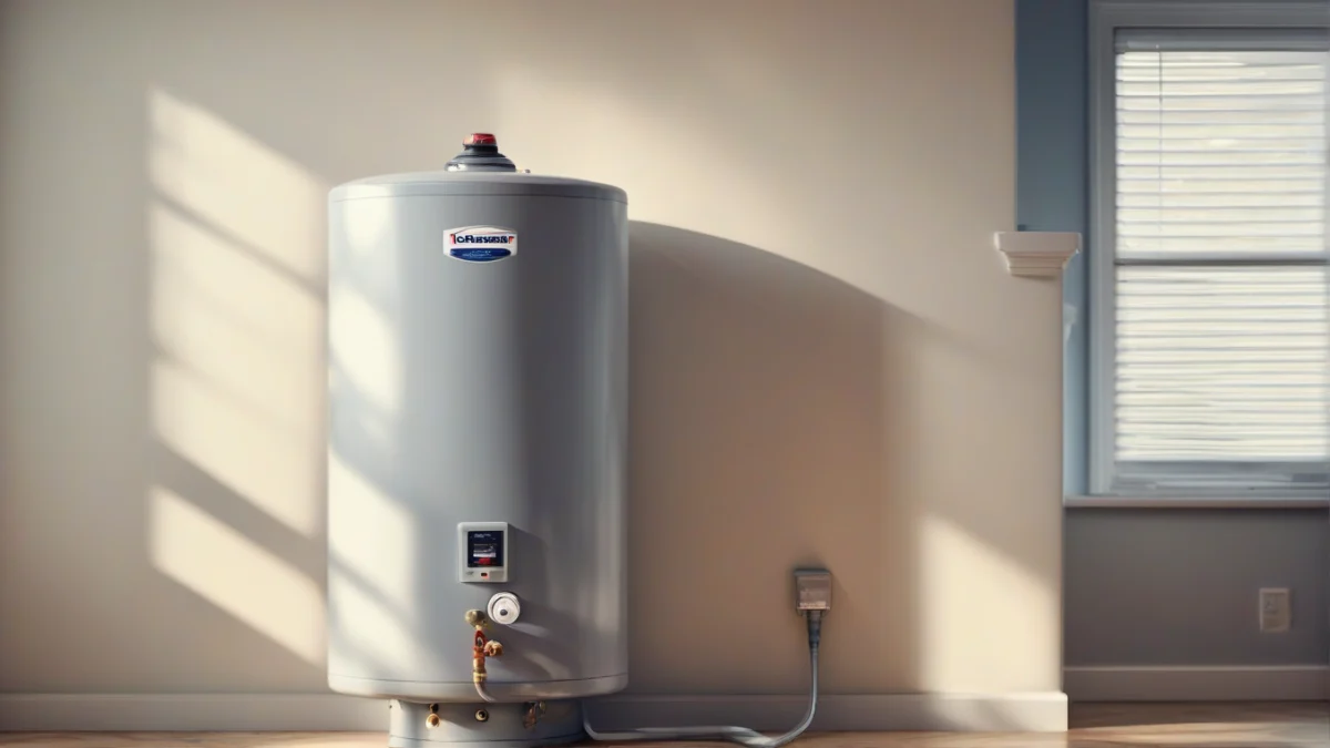A Bradford White tank water heater installed in a utility room.