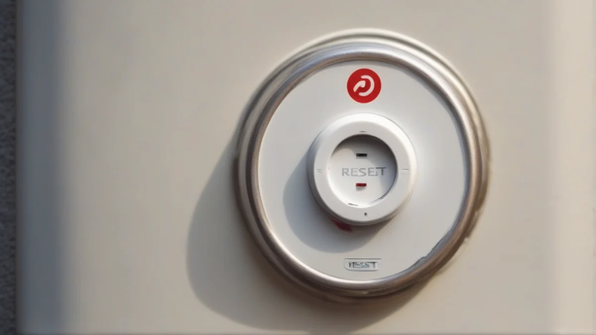 Close-up of a water heater reset button behind an access panel.