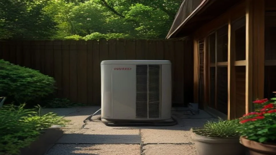 A heat pump water heater unit installed outside in a garden setting