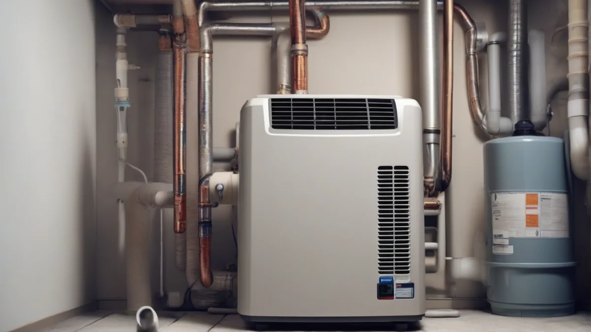 A forced-air furnace with ducts visible in a basement setting