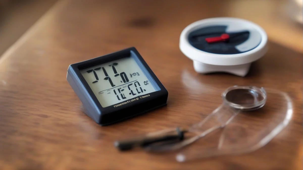 A hygrometer displaying indoor humidity levels on a table