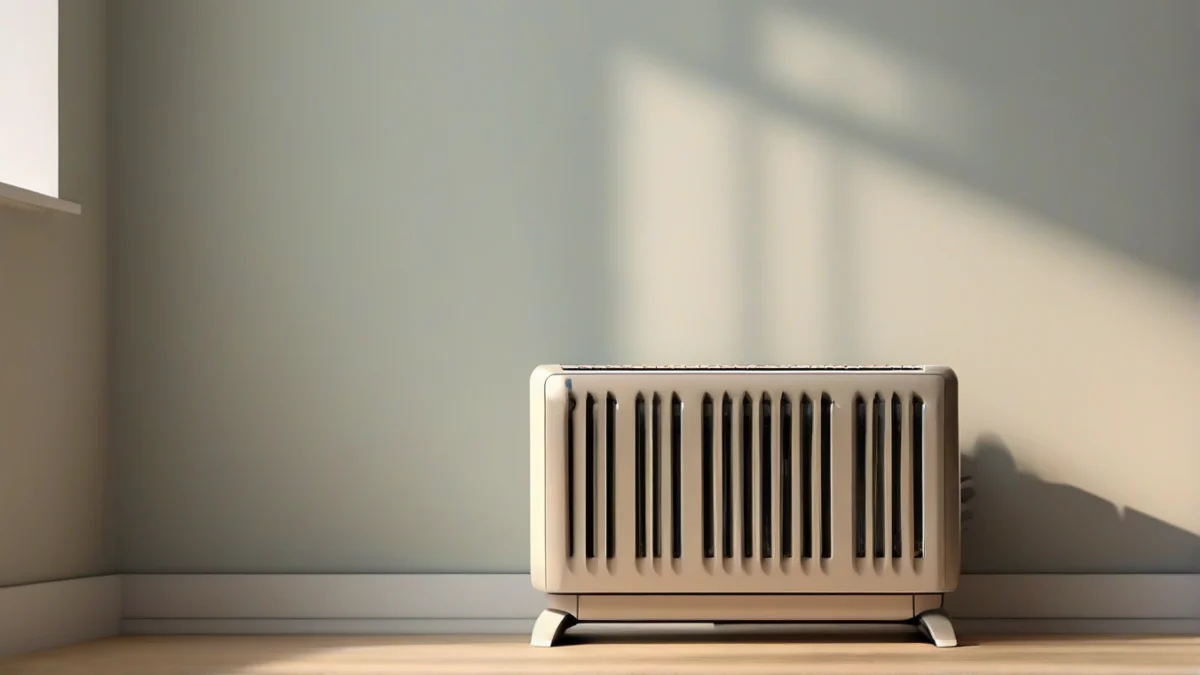 A natural gas space heater installed in a cozy living room corner.