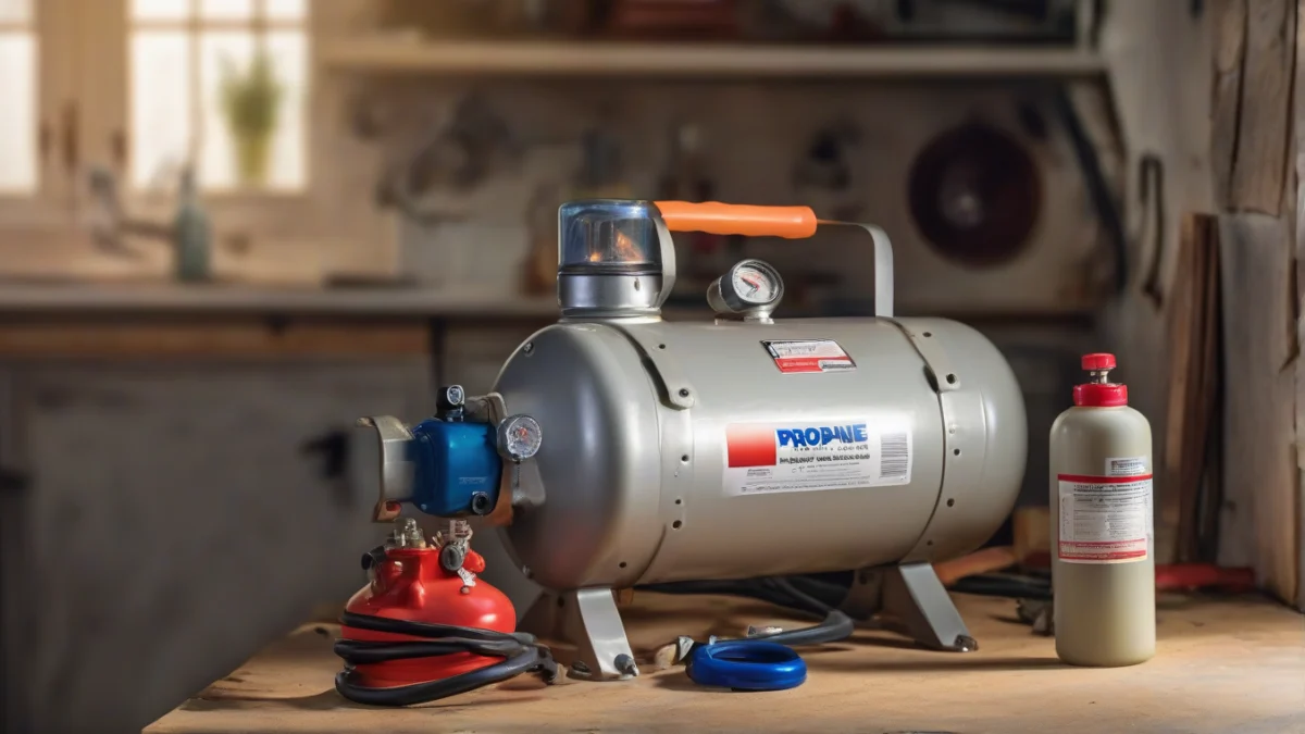 A propane conversion kit with various parts on a workshop bench.