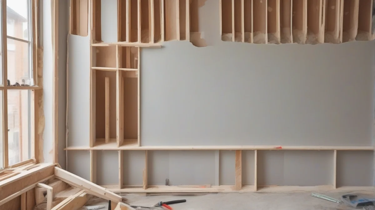 A framed wall with a cutout for a gas heater installation.