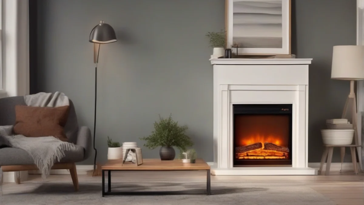 A stylish electric fireplace surround painted in a neutral color.