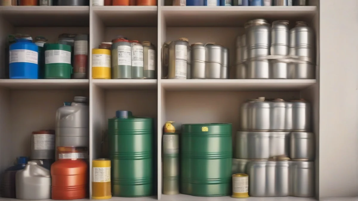 Storage shelf displaying fuel cans and solvents in a closet