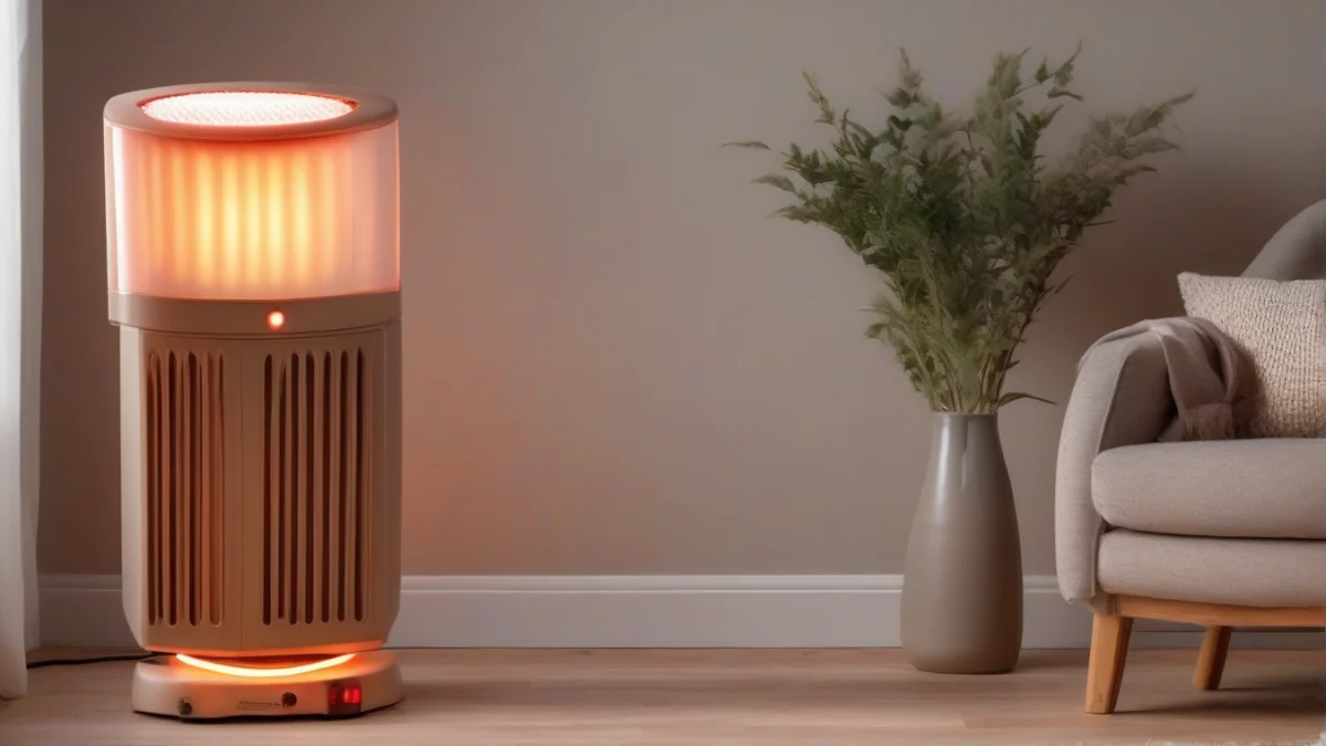 A Climawarm heater positioned on a stable surface in a living room.