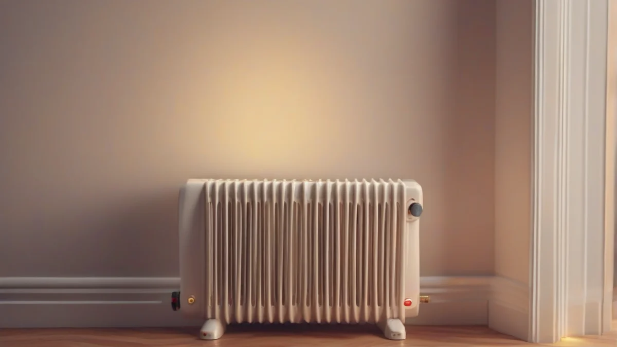 A modern oil-filled radiator heater with metal fins in a warm room