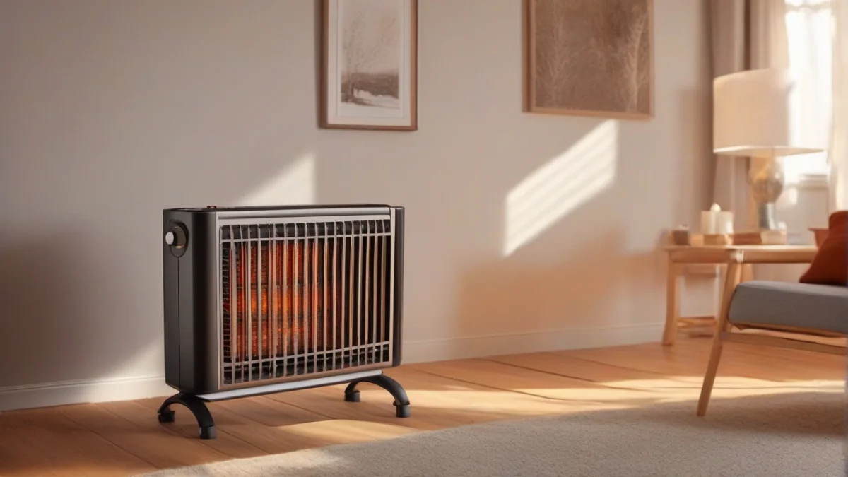 A sleek modern space heater on a hardwood floor