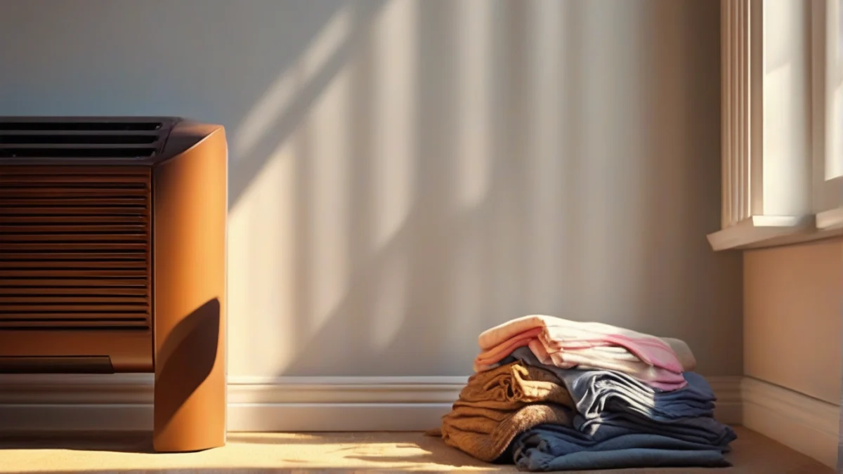 A stack of curtains draped close to a radiator heater