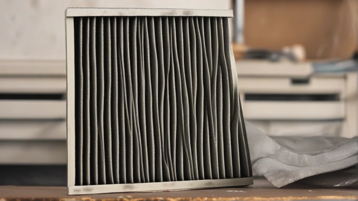a heavily soiled HVAC air filter covered in dust