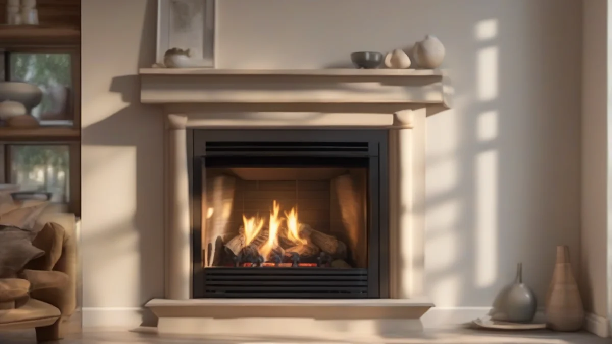 A gas fireplace featuring ceramic logs and a control valve