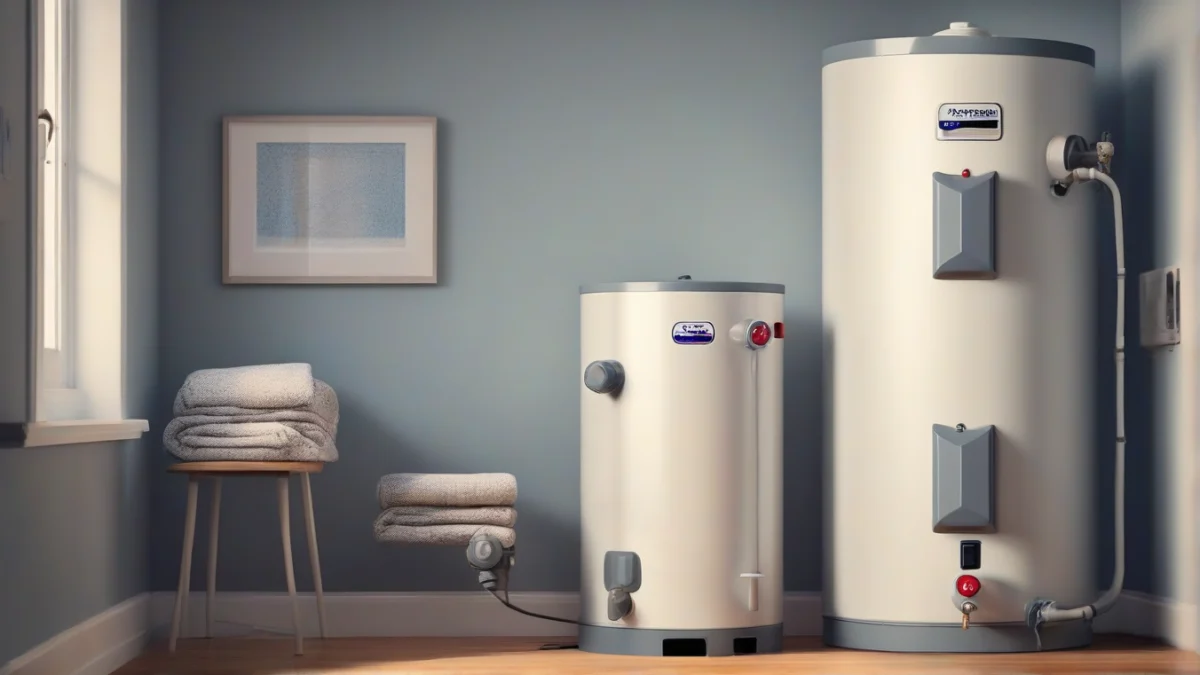 An electric water heater wrapped with a thermal blanket in a basement