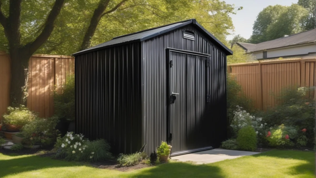 A black-painted metal shed receiving direct sunlight.