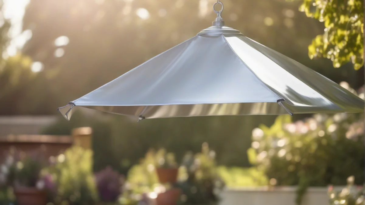 A shiny silver sunshade reflecting sunlight in a garden.