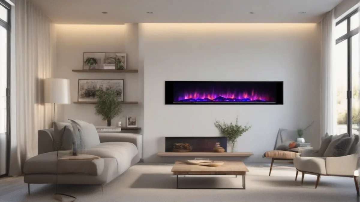 A built-in electric fireplace flush with the wall.