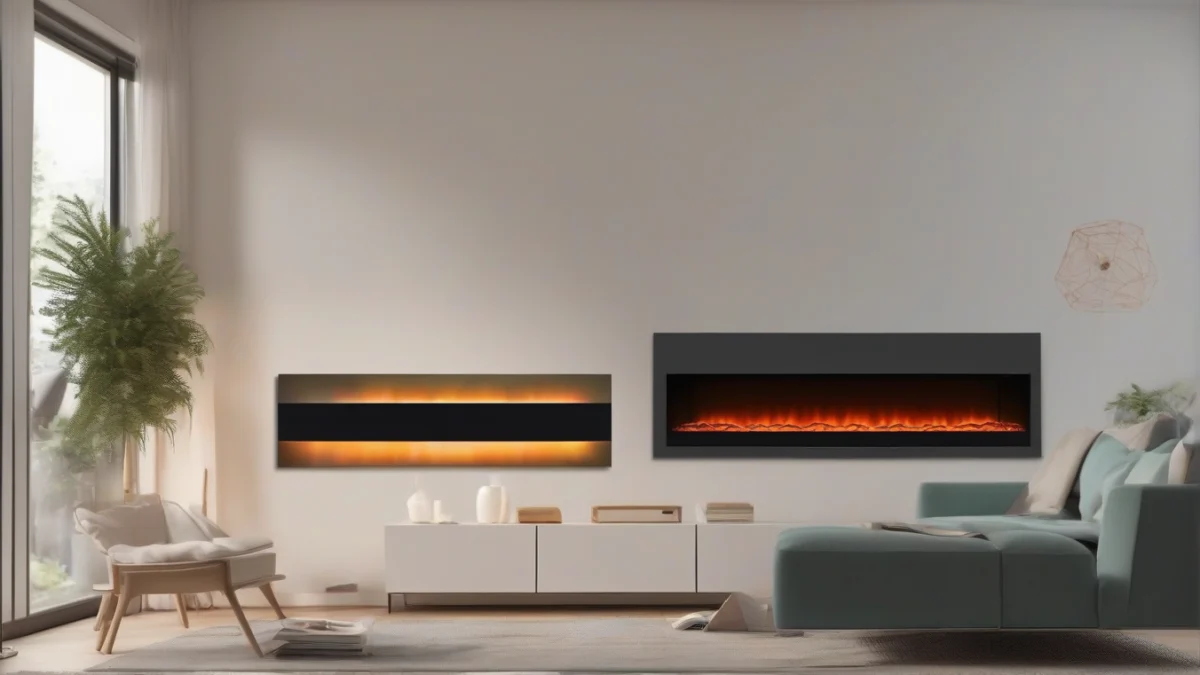 A sleek wall-mounted electric fireplace installed above the floor.