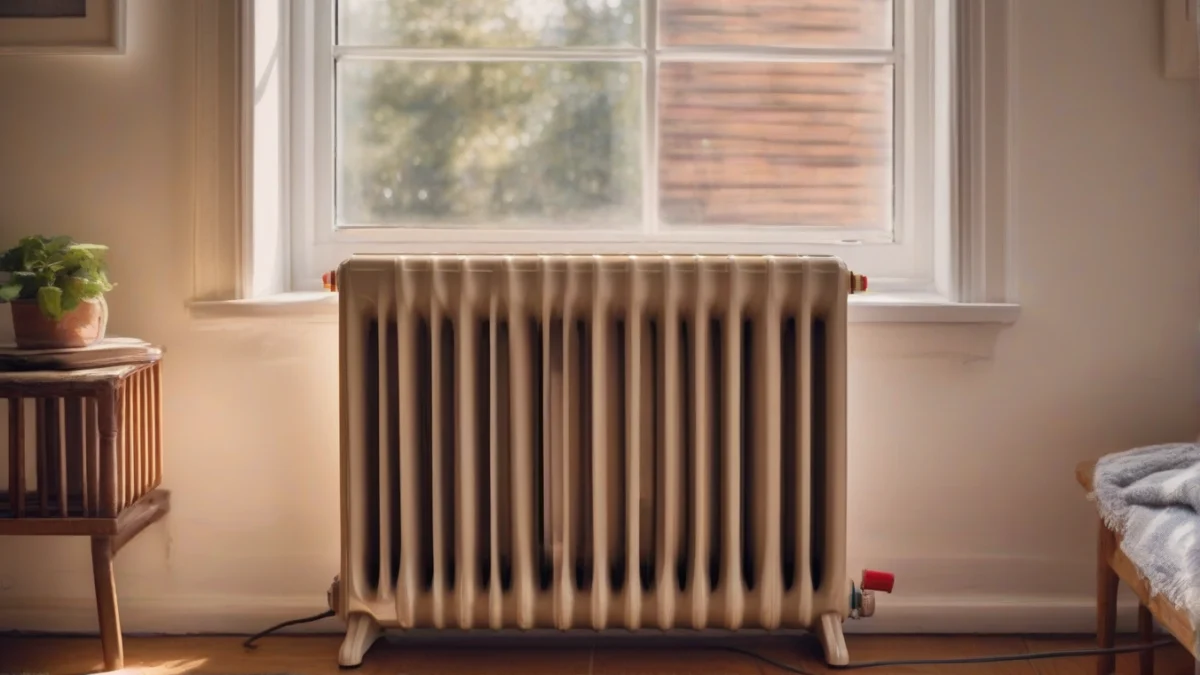 An oil-filled radiator heater positioned in a well-lit bedroom.