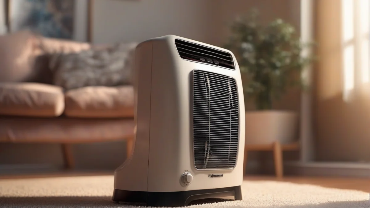 A modern electric space heater positioned safely in a living room.