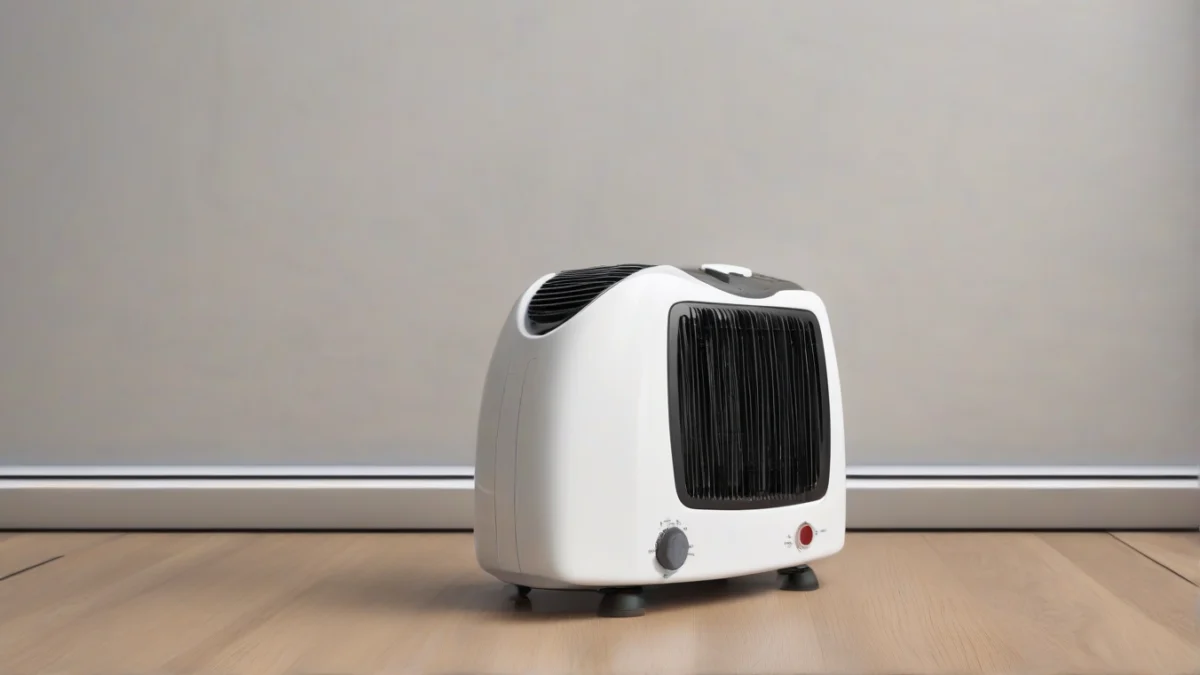 A portable electrical fan heater warming a cozy living room