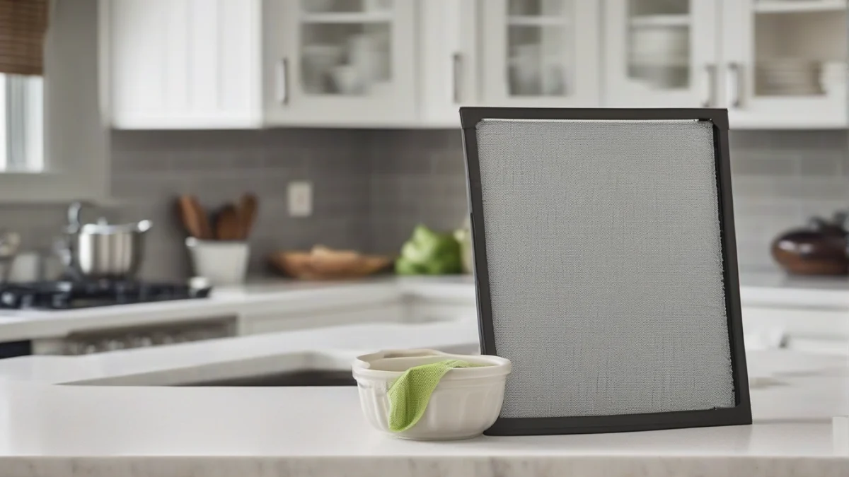 A clean reusable electrostatic HVAC filter resting on a countertop