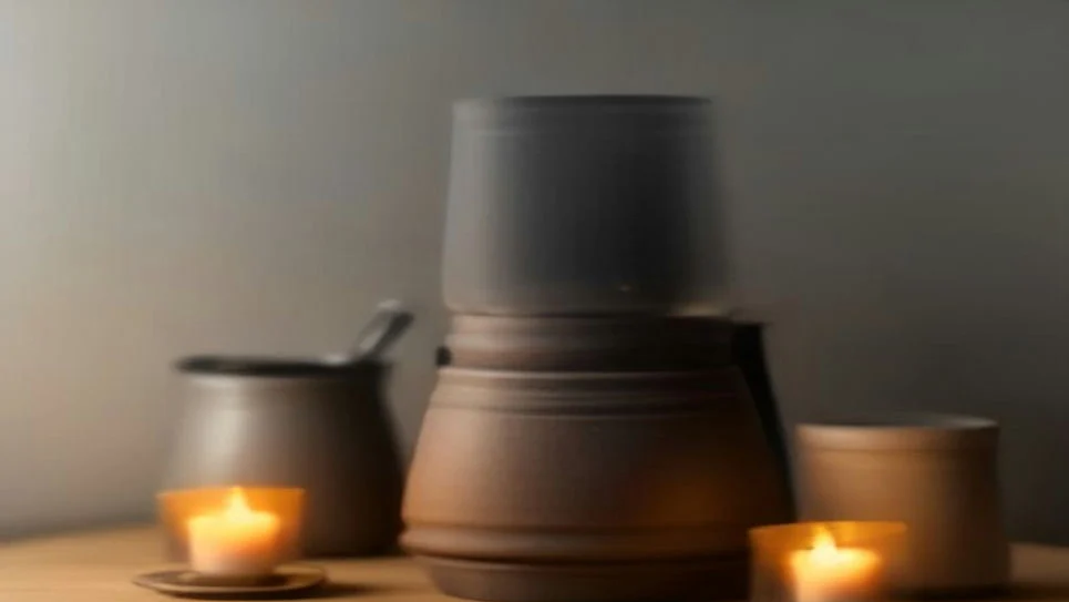 A simple clay pot heater with candles underneath warming a small space