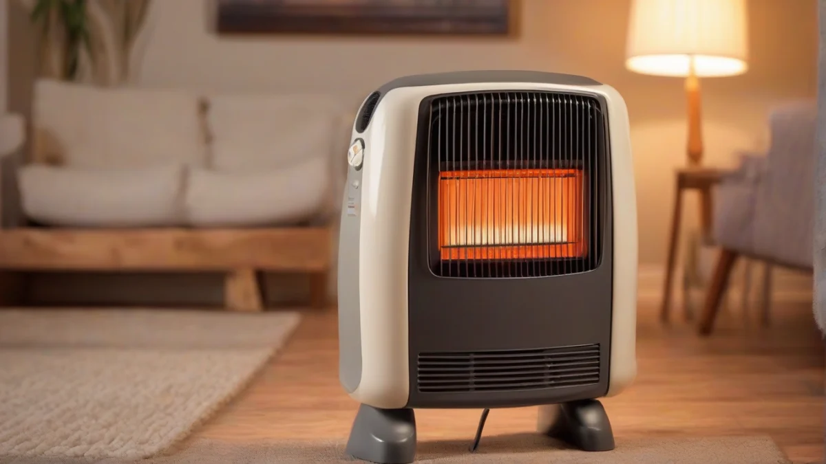 a propane space heater standing on a wooden floor