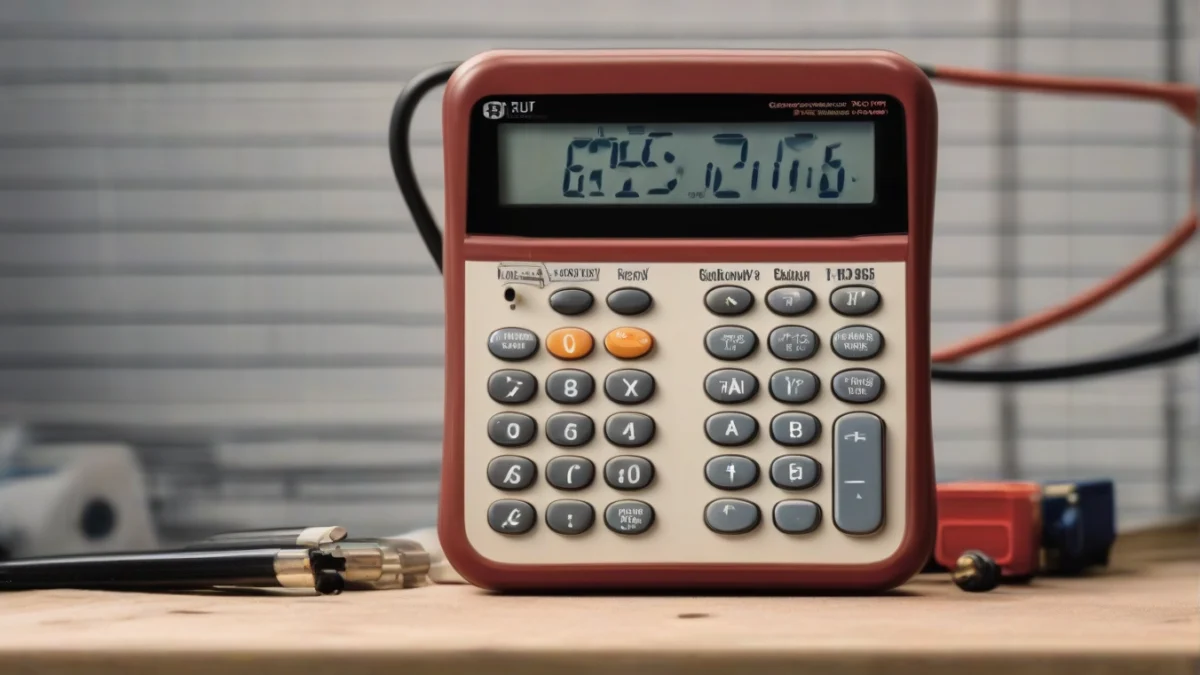 A BTU calculator placed on a workbench for heating estimation.