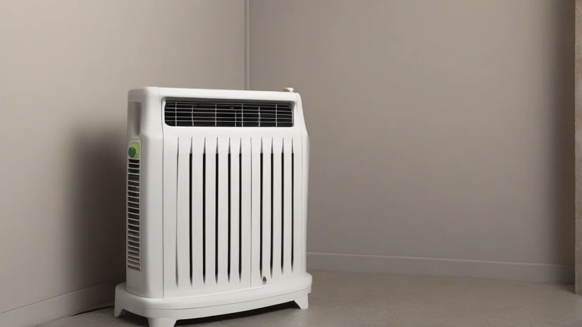 A freestanding natural gas vented heater installed in a garage.