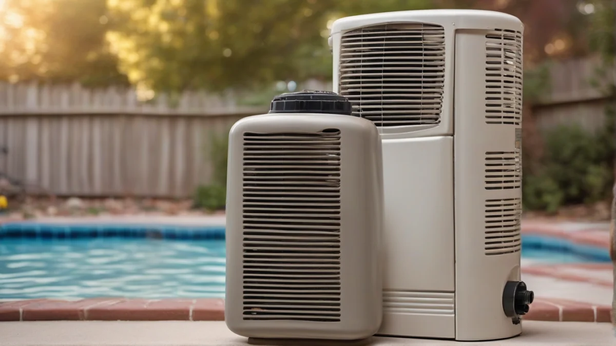A propane pool heater installed next to a swimming pool.
