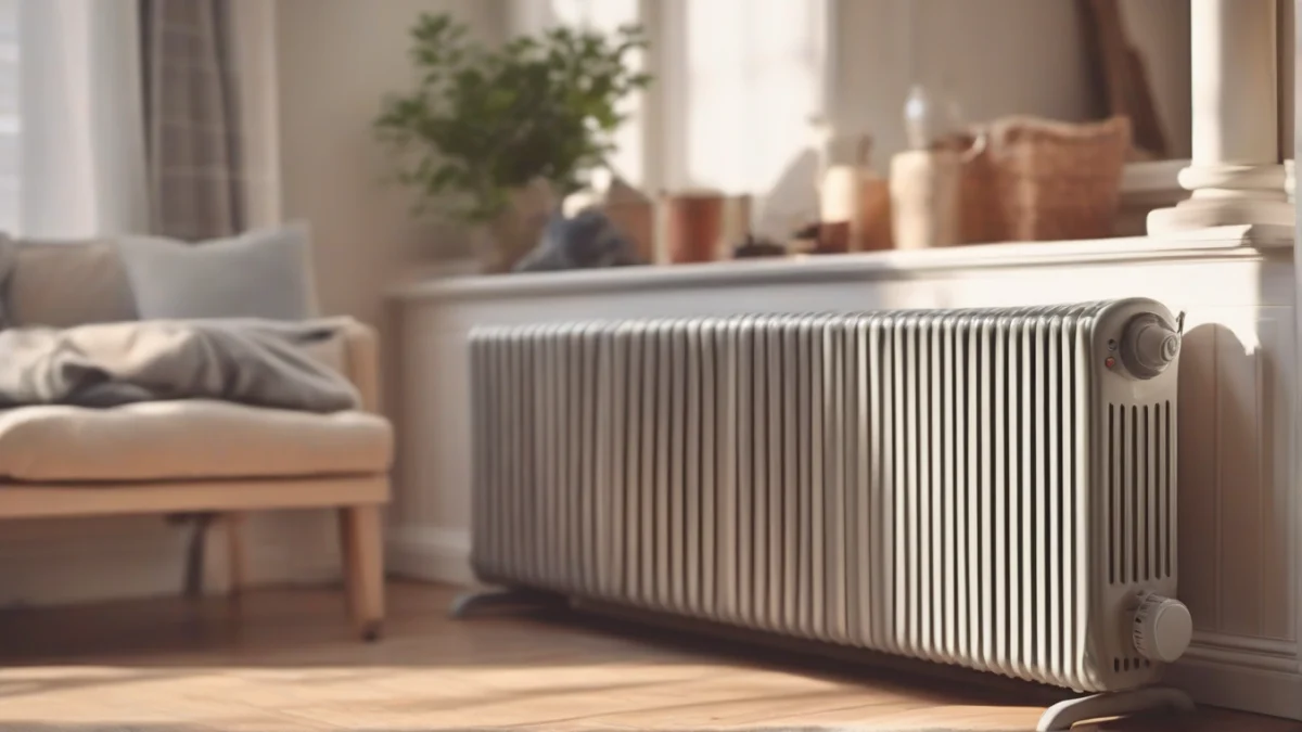 An oil-filled radiator heater providing warmth in a living room.