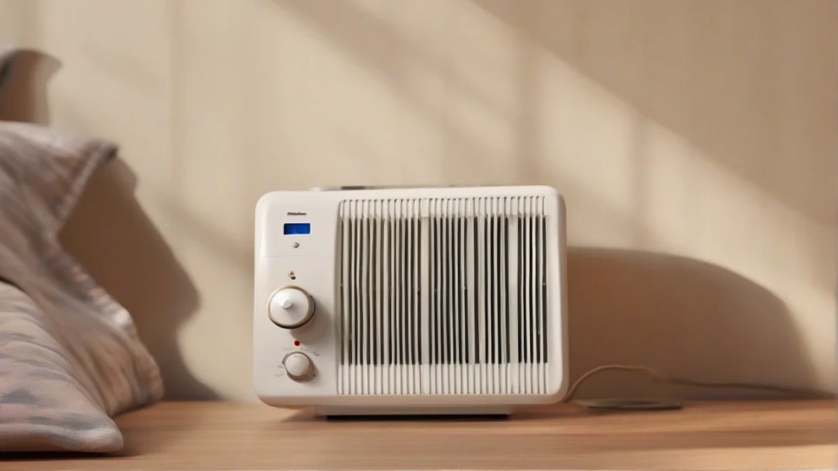 A Holmes heater positioned in a small bedroom setting.