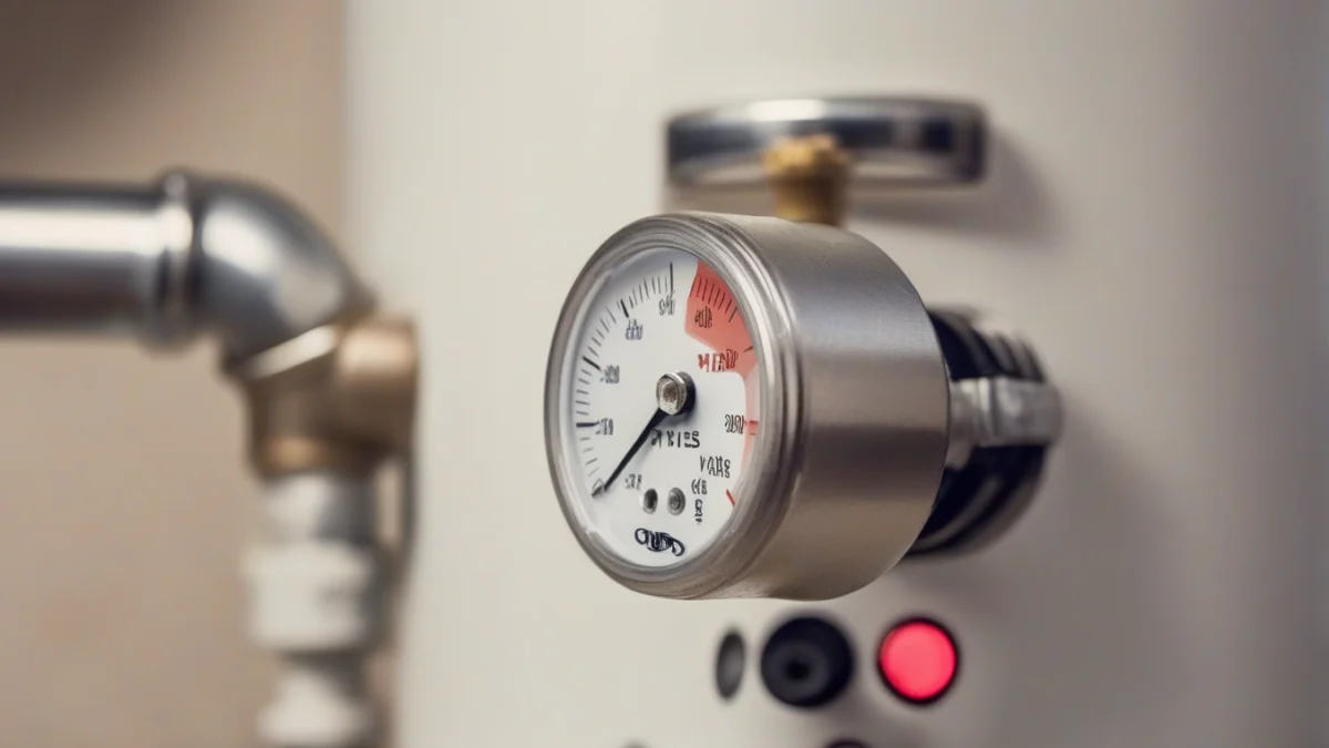 A close-up of a temperature and pressure relief valve on a water heater.