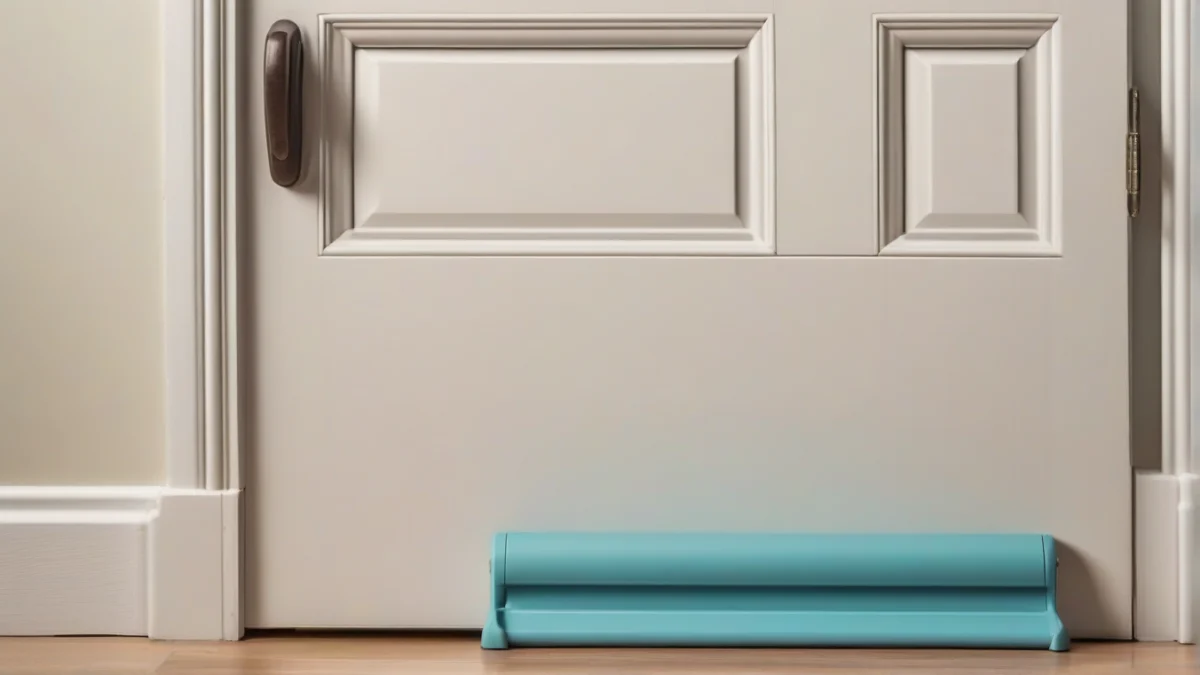 A fabric draft stopper placed at the bottom of a door