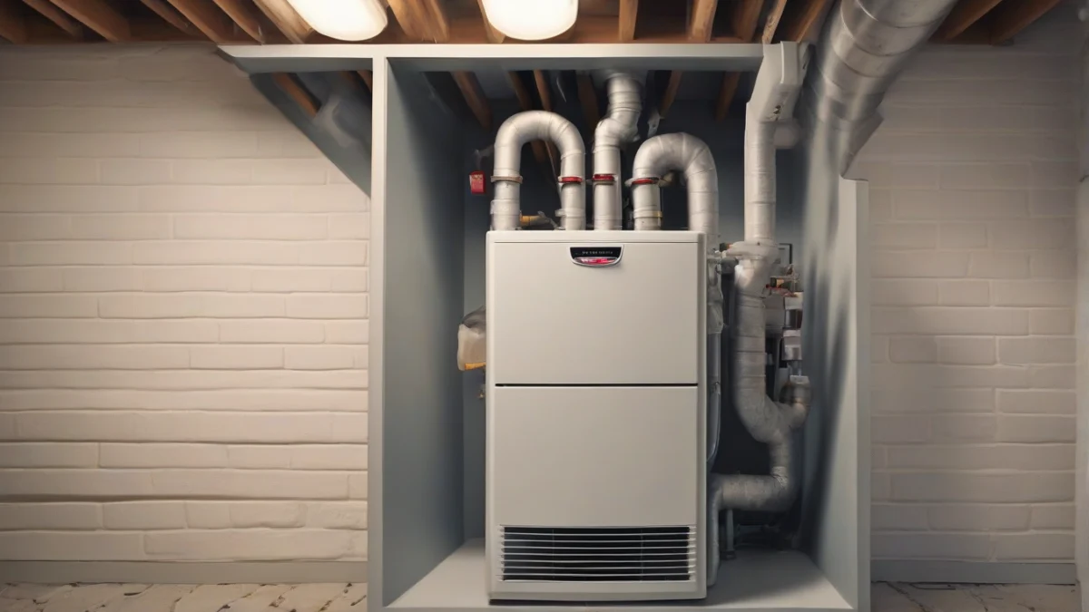 a natural gas furnace with vents and ductwork visible