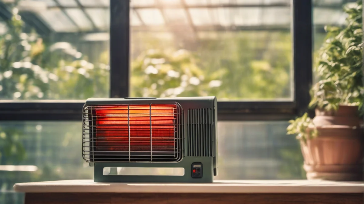 An infrared heater installed on a greenhouse wall, warming the plants below.