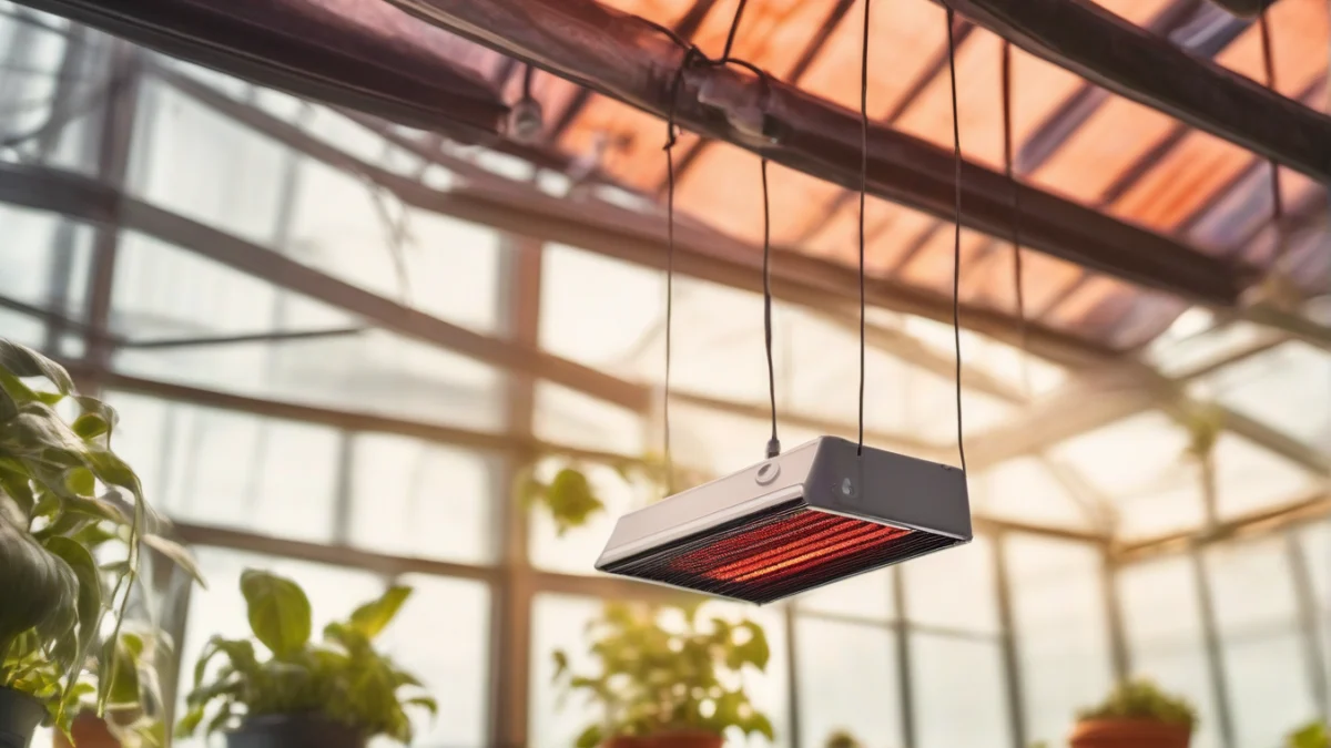 An infrared heater hanging above rows of plants in a greenhouse.