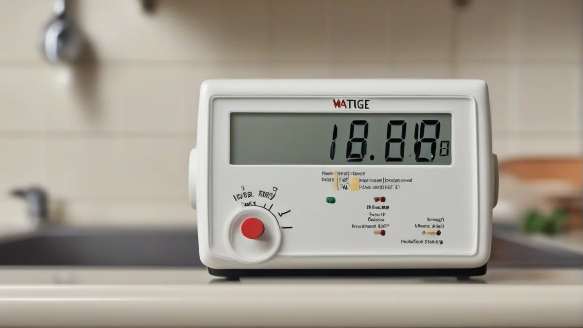 A digital wattage meter displaying energy consumption