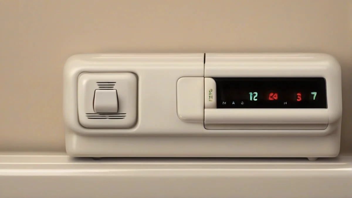 Close-up of the tip-over protection switch on a heater