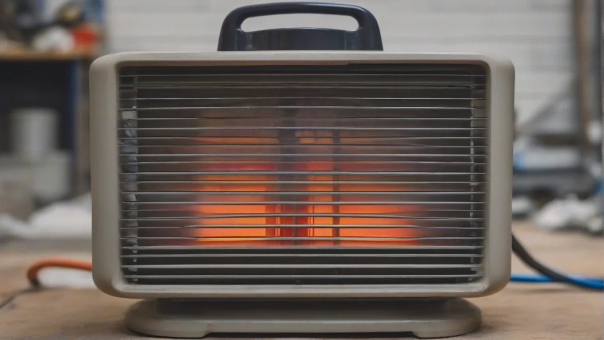 A propane heater unit positioned in a well-lit workshop.