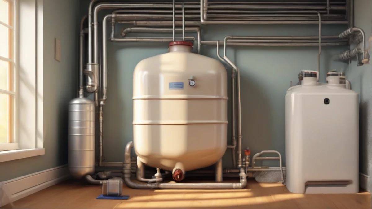 A large, cylindrical home heating oil tank in a basement