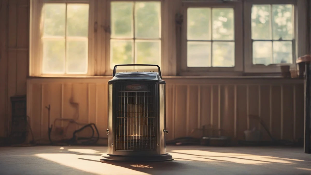 A portable kerosene heater positioned safely in a garage