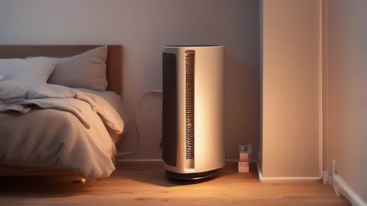 a floor-standing heater positioned near furniture in a bedroom