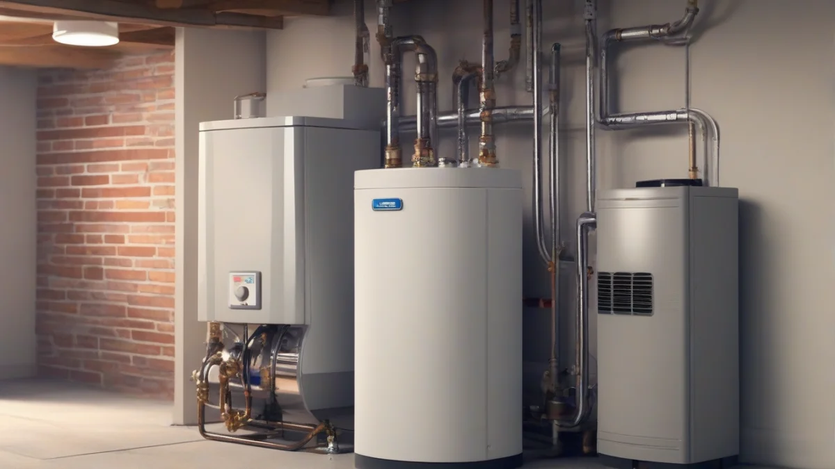 A natural gas hydronic boiler installed in a basement setting.