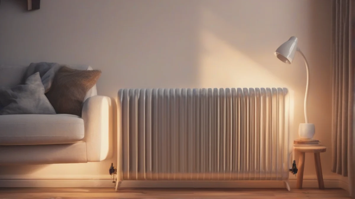 A modern oil-filled radiator heater in a well-lit living room