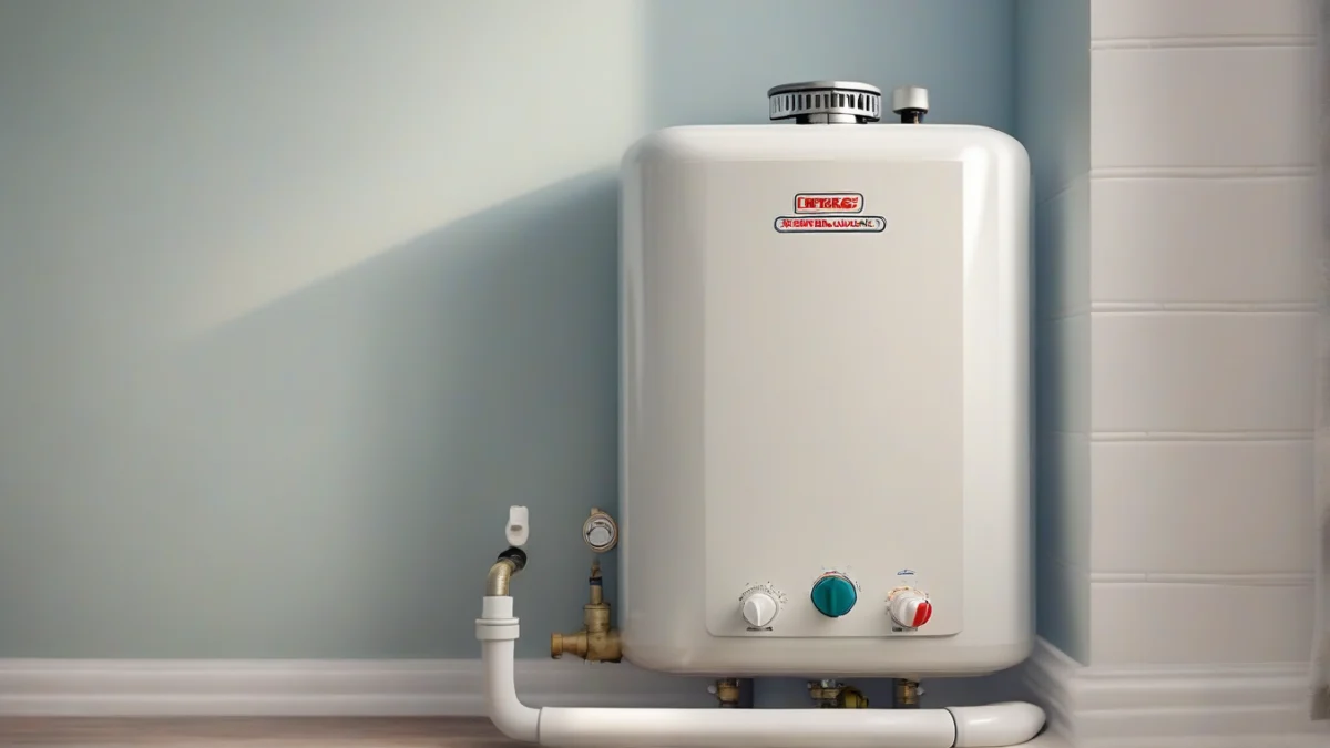 A compact propane water heater mounted in a bathroom corner